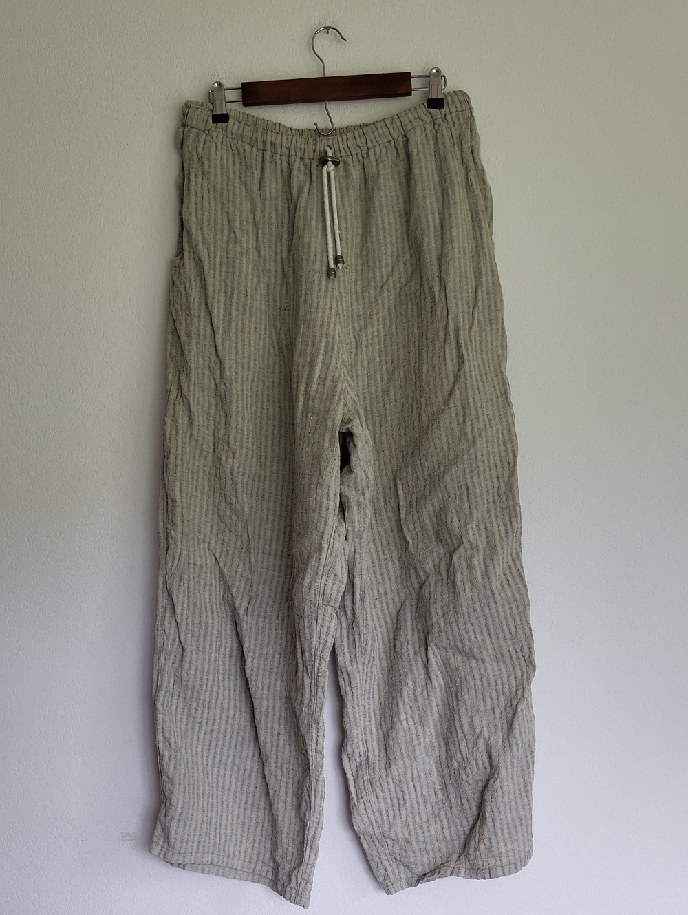 FLAX Jeanne Engelhart Linen Pants Large Natural Stripe Wide Leg Lagenlook